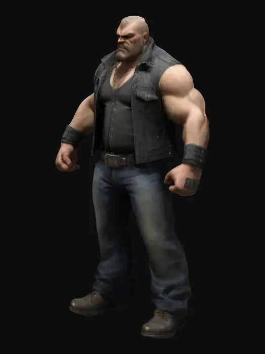 3D model for Generic Bruiser well built biker gangster no weapons posed like an x with each arm, hand, and five fingers pointed out away from the character. arms straight, and hands balled into fists 