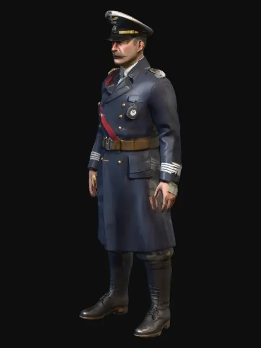 3D model for Full body WW1 German submarine captain, Imperial German Navy officer, realistic 3D character, humanoid, neutral A-pose, game-ready, clean mesh, realistic proportions, dark navy officer coat, peaked cap, leather belt, black boots, historical World War I naval uniform, no weapon, no cigarette, no background, no scene, no props, no extra objects, no stylization, no cartoon, no sci-fi, no fantasy, no medals overload, no trench gear, no helmet, no cloak, no shoulder cape, clean front-facing character for Unity