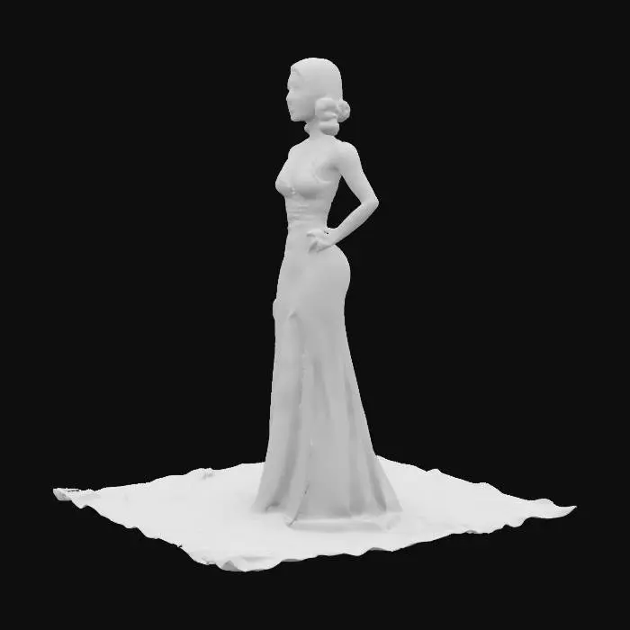 3D model for Render a 3D model of a woman in the style of old Hollywood glamour, reminiscent of a 1950s movie star. She should have glamorous waves of dark hair styled in a vintage manner, paired with dramatic red lips and winged eyeliner. Her outfit should be a sleek, elegant evening gown with soft fabric flowing down. The scene should have soft spotlight lighting, casting gentle shadows and highlighting her beauty. The overall mood should evoke a sense of classic elegance and charm