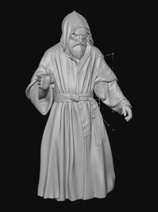 3D model for Surreal cinematic 3D character, floating astral cartographer, mysterious hooded robe figure with glowing cosmic energy instead of face, one arm dissolving into star particles, other arm transformed into intricate mechanical celestial compass, orbiting holographic star maps and glowing rings, nebula smoke lower body, mystical sci-fi style, highly detailed, stylized realism, dramatic lighting, dark space atmosphere, unreal engine style, ultra high quality, clean topology, sketchfab showcase model