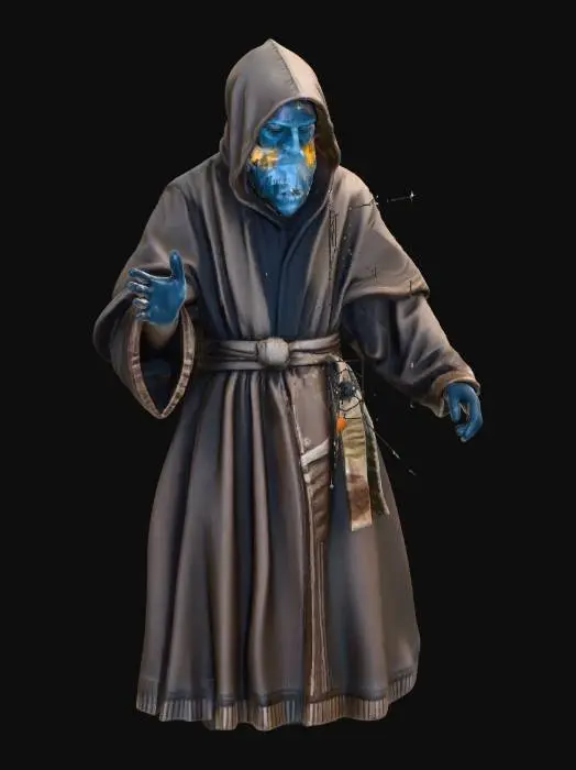 3D model for Surreal cinematic 3D character, floating astral cartographer, mysterious hooded robe figure with glowing cosmic energy instead of face, one arm dissolving into star particles, other arm transformed into intricate mechanical celestial compass, orbiting holographic star maps and glowing rings, nebula smoke lower body, mystical sci-fi style, highly detailed, stylized realism, dramatic lighting, dark space atmosphere, unreal engine style, ultra high quality, clean topology, sketchfab showcase model