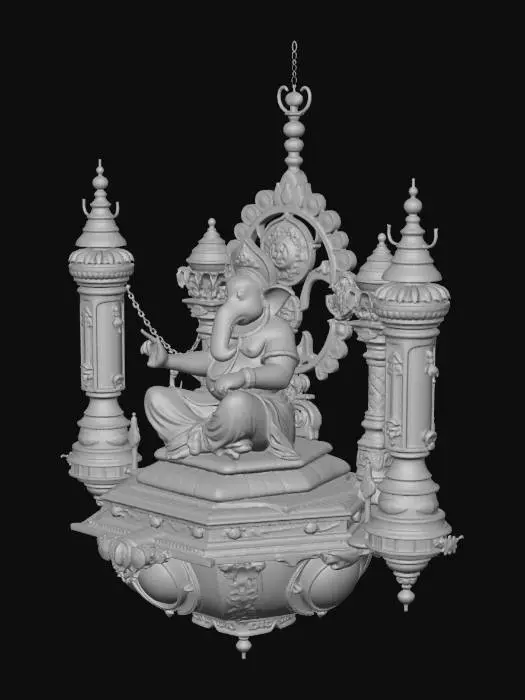3D model for Generated a highly detailed fantasy-style 3D render of a floating sacred shrine centered around a golden idol of Lord Ganesha, blending Hindu temple spirituality, steampunk mechanics, sci-fi floating technology, and mystical magic. Suggestion: For better 3D results, ensure a clear, isolated object with consistent lighting and minimal occlusions.