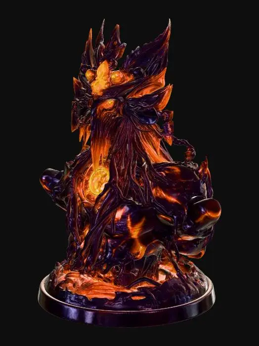 3D model for Ancient elemental guardian artifact shaped like a symmetrical mystical helmet sculpture. The structure is formed from twisted ancient tree roots and dark volcanic wood fused with molten lava cracks glowing orange. At the center sits a powerful circular lava core surrounded by engraved runic stone rings emitting warm light. Above the core rises a phoenix-like wooden spirit face with glowing eyes and a large radiant crystal embedded in the forehead. Branches grow upward forming a crown with many icy blue leaves. Massive curved horns made of burned wood with lava veins extend outward. Large wings spread from both sides: one side made of layered icy feathers and frost shards, the other formed from crystalline frozen leaves. Magical runes glow across stone plates and rings. Highly detailed fant