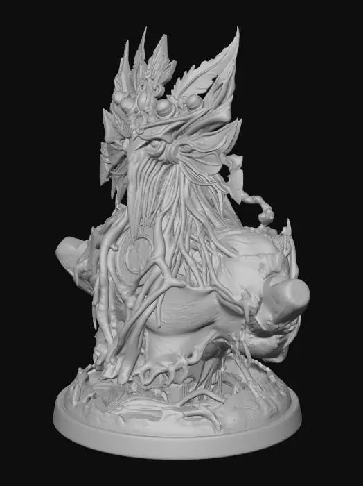 3D model for Ancient elemental guardian artifact shaped like a symmetrical mystical helmet sculpture. The structure is formed from twisted ancient tree roots and dark volcanic wood fused with molten lava cracks glowing orange. At the center sits a powerful circular lava core surrounded by engraved runic stone rings emitting warm light. Above the core rises a phoenix-like wooden spirit face with glowing eyes and a large radiant crystal embedded in the forehead. Branches grow upward forming a crown with many icy blue leaves. Massive curved horns made of burned wood with lava veins extend outward. Large wings spread from both sides: one side made of layered icy feathers and frost shards, the other formed from crystalline frozen leaves. Magical runes glow across stone plates and rings. Highly detailed fant