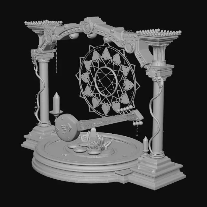 3D model for A captivating mystical altar featuring a futuristic take on a traditional stringed instrument, possibly a sitar or veena, rendered in glowing neon blues and purples. The instrument is set against a large circular holographic display with intricate golden patterns and glowing blue energy rings. Surrounding this central motif are numerous sharp, translucent crystal shards and delicate vines with small, glowing leaves, adding a natural yet magical touch. The entire structure is supported by dark, sleek architectural elements also highlighted with neon purple lights, suggesting a fusion of ancient spirituality and advanced technology. The background is a plain black, emphasizing the luminous elements of the altar.