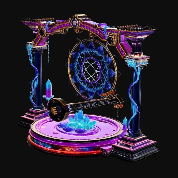 3D model for A captivating mystical altar featuring a futuristic take on a traditional stringed instrument, possibly a sitar or veena, rendered in glowing neon blues and purples. The instrument is set against a large circular holographic display with intricate golden patterns and glowing blue energy rings. Surrounding this central motif are numerous sharp, translucent crystal shards and delicate vines with small, glowing leaves, adding a natural yet magical touch. The entire structure is supported by dark, sleek architectural elements also highlighted with neon purple lights, suggesting a fusion of ancient spirituality and advanced technology. The background is a plain black, emphasizing the luminous elements of the altar.