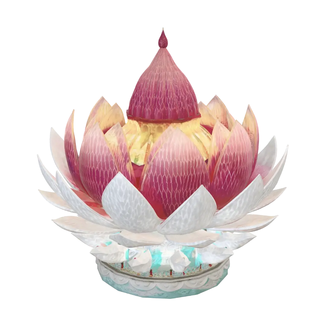 A colossal floating carnival landmark shaped like a blooming lotus, inspired by… - Pagoda 3D model, vytvořený pomocí AI