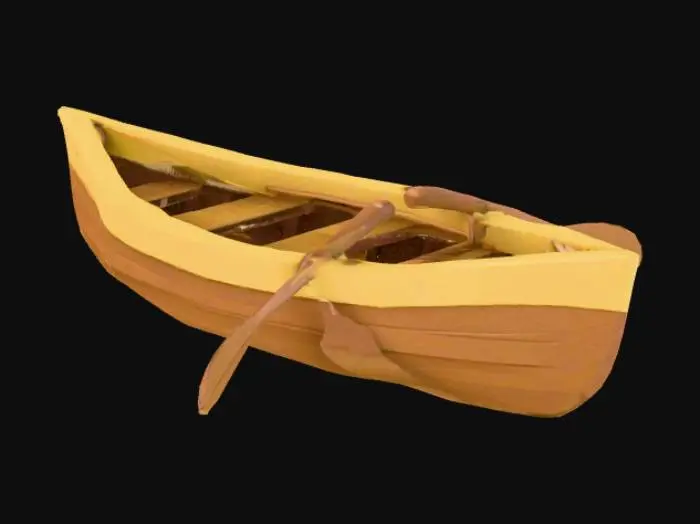 3D model for A simple low poly wooden rowboat with oars. The boat should have flat shaded surfaces, angular geometry, and stylized details. Use a two-tone brown and yellow wooden color scheme. Include wooden seats across the boat and a pair of paddles resting on the sides. Style should be optimized for a game-ready asset in low polygon count.Style: "cartoonish, low poly, Blender-style"

Details: "no textures, just flat colors"

Use case: "for a stylized game environment"