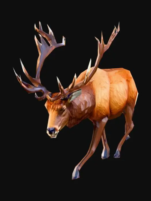 3D model for A wild red deer stag, low poly style, large faceted antlers, brown fur, standing on four legs, grazing pose, chunky geometry, timberborn aesthetic, strategy game unit, white background.