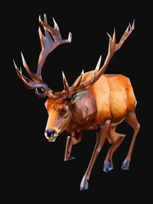 3D model for A wild red deer stag, low poly style, large faceted antlers, brown fur, standing on four legs, grazing pose, chunky geometry, timberborn aesthetic, strategy game unit, white background.