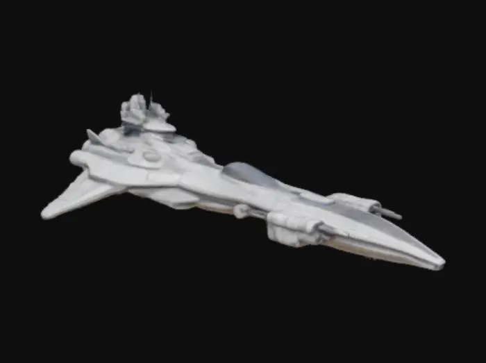 3D model for The spaceship is futuristic, with a streamlined or angular metal body. Solar panels, antennas, jet engines and portholes emphasize its functionality. The colors are silver, white, and gray, sometimes with bright accents. Gun turrets and shield generators add to the menacing look., #game figure#