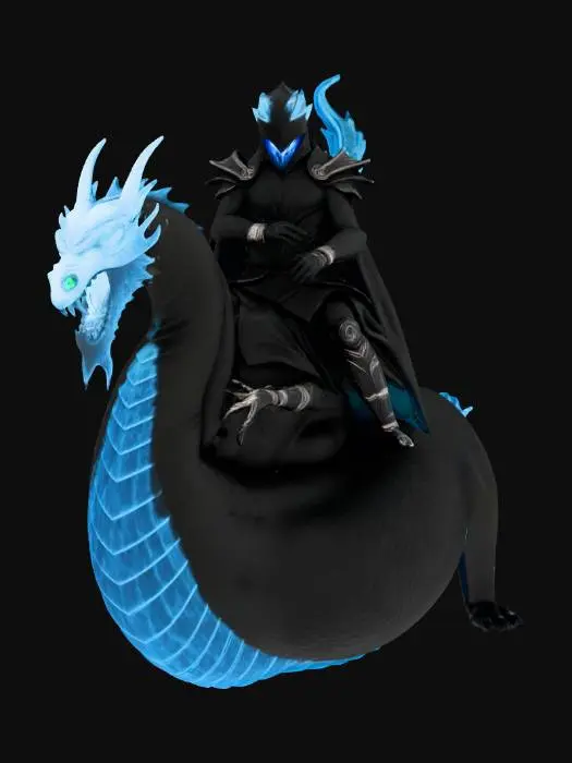 3D model for From the mist, thicker than darkness, emerges a silent apocalypse. A rider in armor of light-devouring obsidian, his eyes points of cold blue flame. Beneath him, a ghostly serpent: a leviathan of phosphorescent fog, its maw a vortex of oblivion.

They are one entity. The serpent's spectral form is fused with the rider's plated limbs, his frozen gaze flowing down its spine like venomous light. They move in utter silence, warping the world around them: sound dies, color drains, and the air chills with despair.

He is no mere warrior. He is the herald of the end, a devourer of reality. His arrival is not a battle, but a quiet extinction.