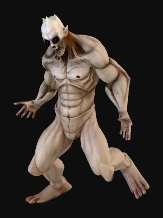 3D model for A terrifying male humanoid creature in T-pose, designed for animation. Bald, with a grotesquely oversized and cracked skull, exposing unnatural shapes. Huge bulging lifeless eyes stare forward, uncanny and disturbing. His body is thin and malformed: one arm missing, one leg shorter, creating broken proportions. Skin is pale, wax-like, almost human but deeply wrong. Simple tight torn cloth avoids floating textures, keeping focus on the nightmare anatomy. Style: horror, surreal, uncanny valley, low-fidelity PS1/PS2 survival horror aesthetic. Output: stylized 3D model for Unreal Engine 5, T-pose.