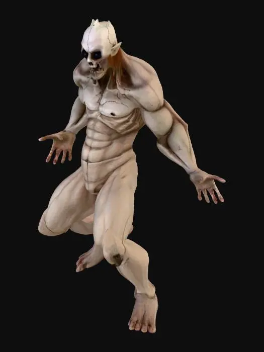 3D model for A terrifying male humanoid creature in T-pose, designed for animation. Bald, with a grotesquely oversized and cracked skull, exposing unnatural shapes. Huge bulging lifeless eyes stare forward, uncanny and disturbing. His body is thin and malformed: one arm missing, one leg shorter, creating broken proportions. Skin is pale, wax-like, almost human but deeply wrong. Simple tight torn cloth avoids floating textures, keeping focus on the nightmare anatomy. Style: horror, surreal, uncanny valley, low-fidelity PS1/PS2 survival horror aesthetic. Output: stylized 3D model for Unreal Engine 5, T-pose.