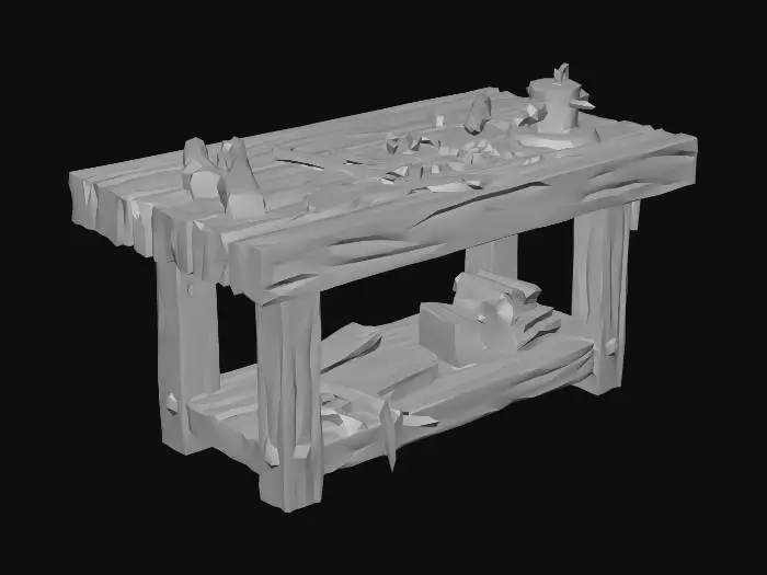3D model for Rustic workbench with various tools in place like pliers, a vice, hacksaw, etc