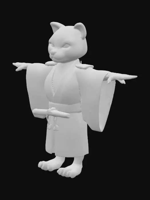 3D model for Create a [3D cartoon-style character] of an [anthropomorphic snow leopard] in a [standard T-pose], fully facing the camera, with the entire body [fully visible and perfectly centered in the frame]. The character has [white fur with black rosettes], [ice-blue eyes], and a [muscular yet agile build]. Dress it in [traditional Japanese robes] such as a [samurai-style kimono with a hakama], in [deep indigo, crimson, and gold accents], with subtle [sakura or wave patterns] on the fabric. Include accessories like a [katana at the waist], [ornamental belt (obi)], and optional [shoulder or arm guards]. Use a [neutral background with soft lighting] to highlight the full silhouette and details clearly. Ensure the pose is [symmetrical, clean, and ideal for modeling or reference].