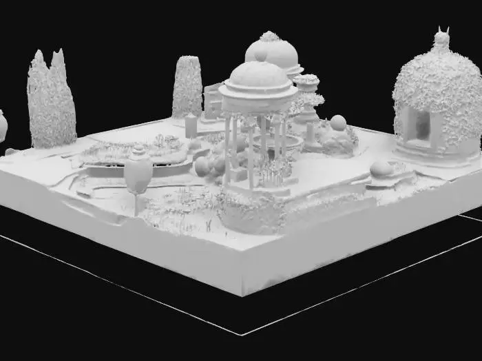 3D model for A breathtaking space with elegant symmetry, winding stone paths, lush greenery, and vibrant flower beds. A rich palette of reds, purples, yellows, and greens adds depth. A grand fountain, koi pond, and waterfalls enhance tranquility. Ivy-covered gazebos, marble bridges, and fairy-lit trees create charm. Sculpted hedges, ornate benches, and fluttering butterflies bring life, while soft lanterns set a dreamy ambiance.