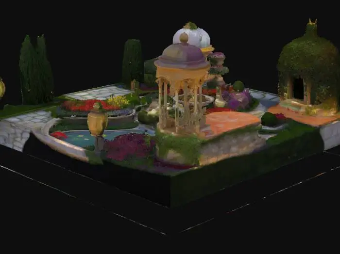 3D model for A breathtaking space with elegant symmetry, winding stone paths, lush greenery, and vibrant flower beds. A rich palette of reds, purples, yellows, and greens adds depth. A grand fountain, koi pond, and waterfalls enhance tranquility. Ivy-covered gazebos, marble bridges, and fairy-lit trees create charm. Sculpted hedges, ornate benches, and fluttering butterflies bring life, while soft lanterns set a dreamy ambiance.