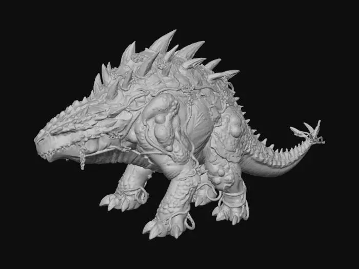 3D model for A colossal, ancient creature with a broad, quadrupedal stance, its body covered in a rough, scaly hide of mottled dark green, grey, and blue hues. Sharp, bone-like spikes protrude along its massive back and tail, intertwined with dark, gnarled roots and vines. Numerous spherical, barnacle-like growths with pale, luminous blue centers are embedded across its stony-textured armor, giving it a weathered, organic, yet formidable appearance. Its powerful limbs and thick snout emphasize its immense, lumbering presence.