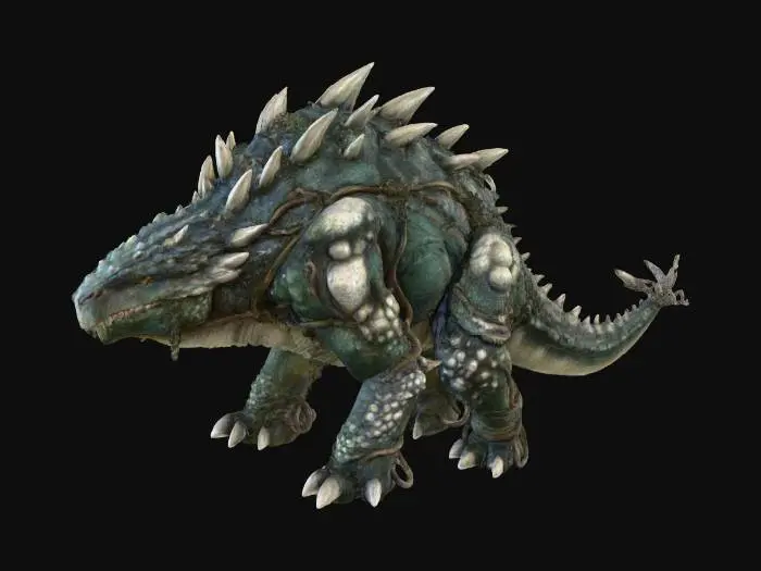 3D model for A colossal, ancient creature with a broad, quadrupedal stance, its body covered in a rough, scaly hide of mottled dark green, grey, and blue hues. Sharp, bone-like spikes protrude along its massive back and tail, intertwined with dark, gnarled roots and vines. Numerous spherical, barnacle-like growths with pale, luminous blue centers are embedded across its stony-textured armor, giving it a weathered, organic, yet formidable appearance. Its powerful limbs and thick snout emphasize its immense, lumbering presence.