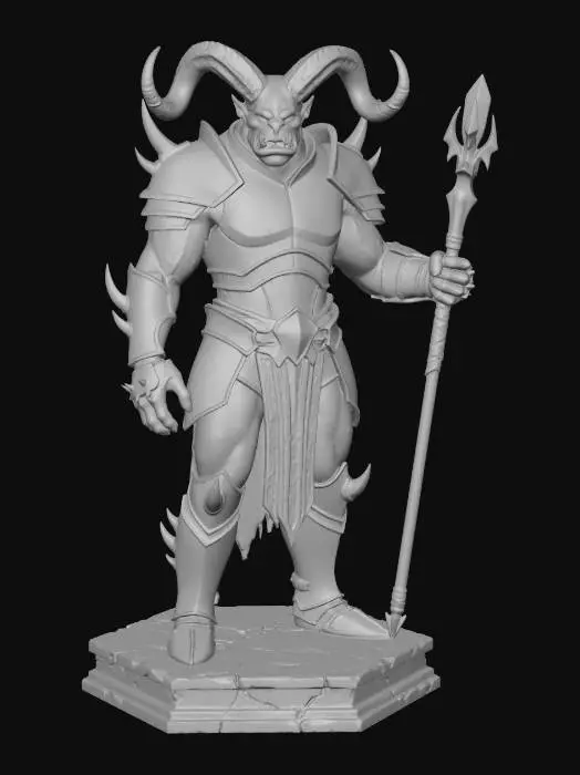 3D model for A powerful and massive male Demonic Orcish Savant with large horns on his head, enhanced chromium armor decorated with red glowing veins of plasma. Fantasy theme, highly detailed, Unreal Engine 5, full body image