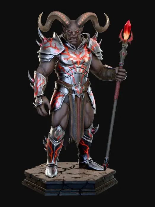 3D model for A powerful and massive male Demonic Orcish Savant with large horns on his head, enhanced chromium armor decorated with red glowing veins of plasma. Fantasy theme, highly detailed, Unreal Engine 5, full body image