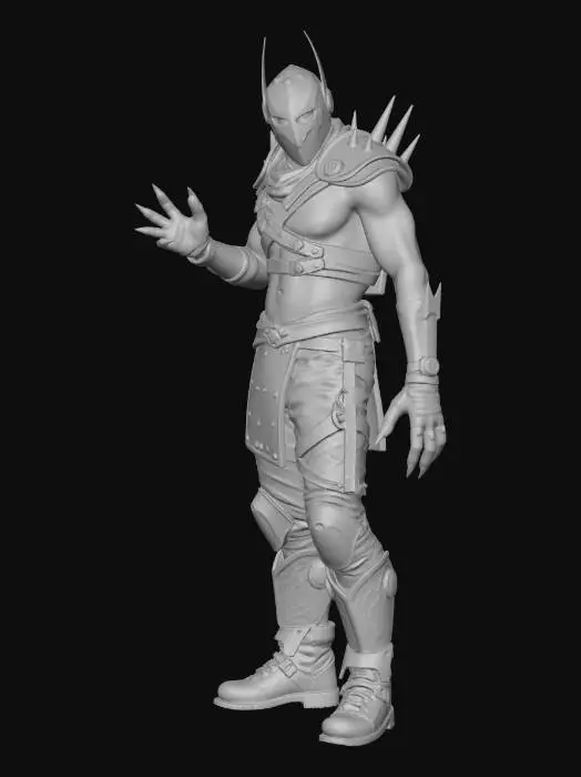 3D model for A bulky and massive, male humanoid cybernetic fighter that uses adamantium huge claws as weapon. He is wearing a steel mask, and his armor is a combo of steel plate pieces (with large spikes) and leather garments. Various details on the armor. On his body there are large tribal (black) tattoos. Fantasy/sci-fi, highly detailed, polished, stylized, Unreal Engine 5, game ready, game character