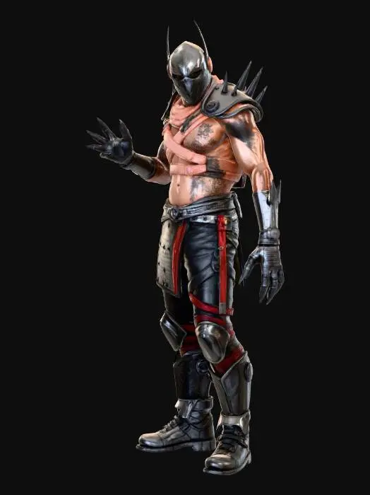 3D model for A bulky and massive, male humanoid cybernetic fighter that uses adamantium huge claws as weapon. He is wearing a steel mask, and his armor is a combo of steel plate pieces (with large spikes) and leather garments. Various details on the armor. On his body there are large tribal (black) tattoos. Fantasy/sci-fi, highly detailed, polished, stylized, Unreal Engine 5, game ready, game character