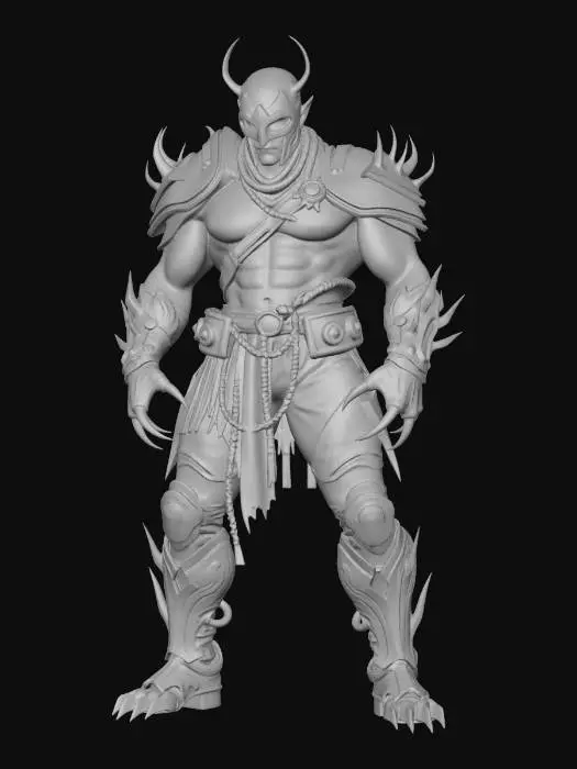 3D model for A bulky and massive, male humanoid cybernetic fighter that uses adamantium huge claws as weapon. He is wearing a steel mask, and his armor is a combo of steel plate pieces (with large spikes) and leather garments. Various details on the armor. On his body there are large tribal (black) tattoos. Fantasy/sci-fi, highly detailed, polished, stylized, Unreal Engine 5, game ready, game character