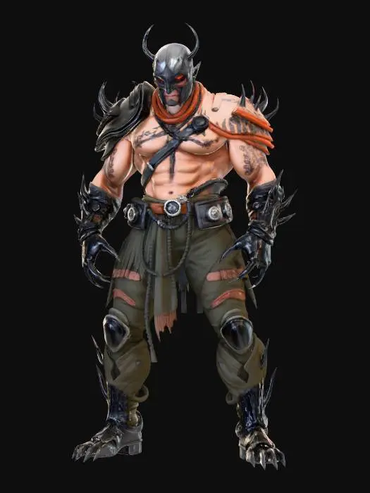 3D model for A bulky and massive, male humanoid cybernetic fighter that uses adamantium huge claws as weapon. He is wearing a steel mask, and his armor is a combo of steel plate pieces (with large spikes) and leather garments. Various details on the armor. On his body there are large tribal (black) tattoos. Fantasy/sci-fi, highly detailed, polished, stylized, Unreal Engine 5, game ready, game character