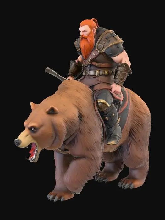 3D model for A male dwarf hunter class videogame character (inspired by the videogame Ashes of Creation) riding a big ferocious bear mount. Stylized, highly detailed, game engine, game-ready, fantasy theme, polished
