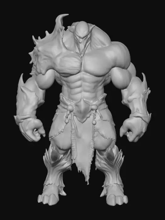 3D model for A formidable, muscular humanoid creature stands with a powerful stance. Its desaturated pinkish-grey skin is taut and veiny, showcasing immense strength. Adorning its body are dark bronze or iron armor plates, intricately textured with deep, gnarled, swirling patterns reminiscent of aged wood or roots. Bright orange light emanates from cracks within this rugged armor, especially from its glowing eyes, chest, and shoulders. Dark blue, coarse fabric covers its lower body. The overall appearance is one of ancient, primal power.