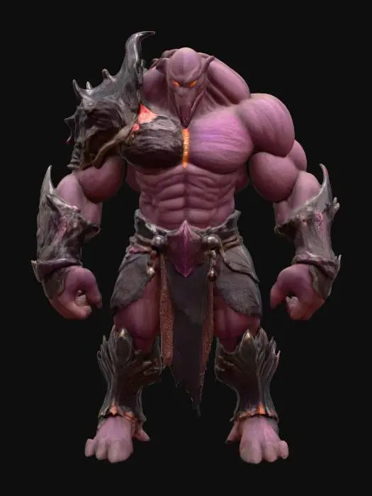 3D model for A formidable, muscular humanoid creature stands with a powerful stance. Its desaturated pinkish-grey skin is taut and veiny, showcasing immense strength. Adorning its body are dark bronze or iron armor plates, intricately textured with deep, gnarled, swirling patterns reminiscent of aged wood or roots. Bright orange light emanates from cracks within this rugged armor, especially from its glowing eyes, chest, and shoulders. Dark blue, coarse fabric covers its lower body. The overall appearance is one of ancient, primal power.