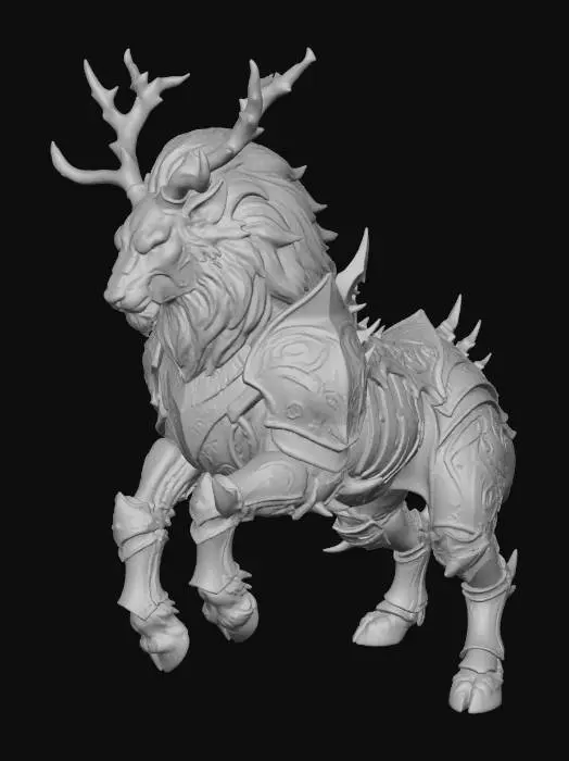 3D model for A majestic Lion/Deer hybrid mount, its powerful leonine body adorned with sleek, heavy silver metallic armor. Intricate red and orange glowing lines trace dynamic patterns across the pauldrons and flank plates, accentuating the muscular form. Large, sharp silver spikes erupt from its spine and leg joints, complementing the decorative, fantasy-themed engravings on the polished metal. This game-ready creature exudes an intimidating presence, designed for the vibrant world of Aion 2. Full body image