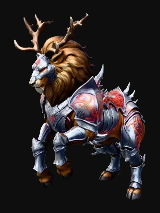 3D model for A majestic Lion/Deer hybrid mount, its powerful leonine body adorned with sleek, heavy silver metallic armor. Intricate red and orange glowing lines trace dynamic patterns across the pauldrons and flank plates, accentuating the muscular form. Large, sharp silver spikes erupt from its spine and leg joints, complementing the decorative, fantasy-themed engravings on the polished metal. This game-ready creature exudes an intimidating presence, designed for the vibrant world of Aion 2. Full body image