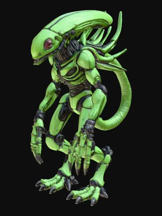 3D model for A menacing, forest-green Reptoid Alien Insectoid Biomechanoid Drone, built for frontline assault. Its thick, segmented body is covered in tough, mottled reptilian scales, seamlessly transitioning into dark, battle-scarred alloy plating. Four powerful, clawed insectoid legs anchor it firmly, while two additional, weaponized limbs feature integrated plasma cannons, their muzzles glowing faintly crimson. Exposed bio-luminescent tendrils, deep purple in hue, connect vital components. Its predatory, sharp-toothed head, framed by chitinous spikes, emphasizes a brutal, highly detailed, game-ready PBR design.