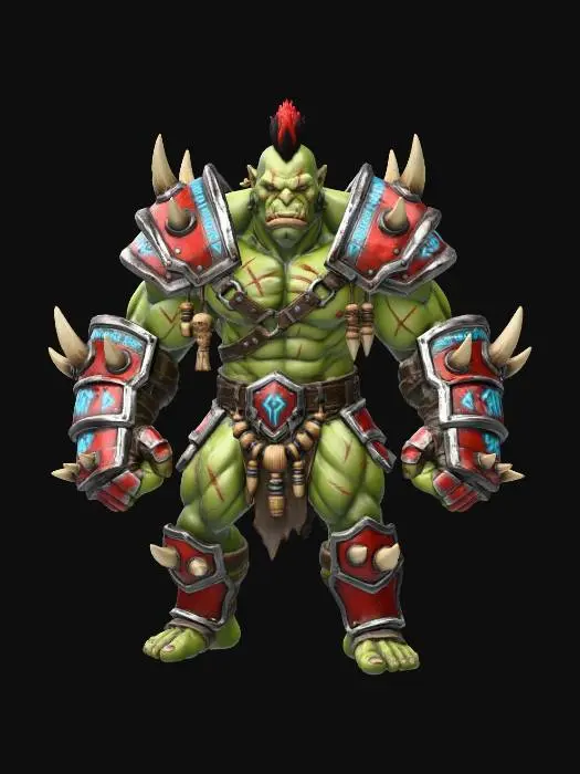 3D model for A massive and muscular, male Orcish gauntlet brawler. Green skin with scars, red/silver armour with large spikes on the elbows and shoulder pads. Massive shoulder pads. Metallic glowing definitions on the armor and various wooden tribal decorations. Spikey mohawk hair of red/black color. Epic body proportions. Fantasy theme, hyper-realistic, stylized, polished, game ready, full body image
