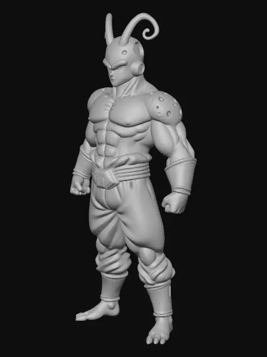 3D model for Full body image of A hyper-realistic, stylized rendering of Kid Buu in a powerful, determined, deadpan stance. This humanoid figure features smooth, supple pink skin, appearing almost rubbery yet fleshy, with distinct round holes across its head and arms. A yellow, textured belt cinches its waist, complemented by similar armbands. Its rounded, muscular form conveys immense latent strength, with a distinct pair of antennae protruding from its head, embodying a highly detailed, anime-inspired fantasy aesthetic. , #villain#