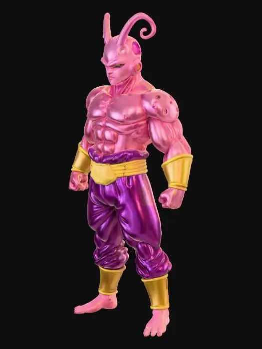 3D model for Full body image of A hyper-realistic, stylized rendering of Kid Buu in a powerful, determined, deadpan stance. This humanoid figure features smooth, supple pink skin, appearing almost rubbery yet fleshy, with distinct round holes across its head and arms. A yellow, textured belt cinches its waist, complemented by similar armbands. Its rounded, muscular form conveys immense latent strength, with a distinct pair of antennae protruding from its head, embodying a highly detailed, anime-inspired fantasy aesthetic. , #villain#