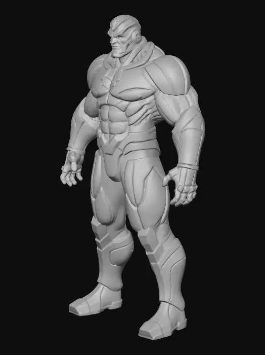 3D model for An imposing, powerfully built being (Apocalypse from X-men) with immense, clearly defined musculature beneath sleek, segmented armored plating. Its skin has a metallic sheen, primarily deep blue-grey, with glowing red energy conduits tracing lines along its body and limbs. The armor sections are dark, almost black, with sharp angles and a smooth, hard surface. Its stance is broad and dominant, exuding raw power. A gaunt, determined expression on its face is framed by intricate alien tech, conveying a relentless, ancient authority. , #villain#