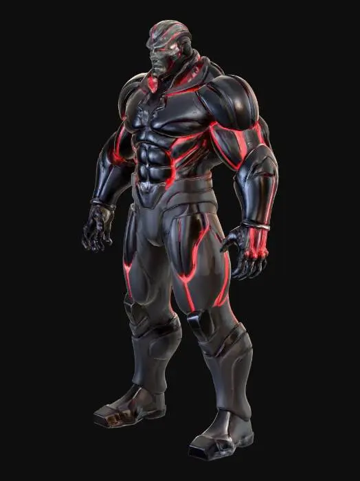 3D model for An imposing, powerfully built being (Apocalypse from X-men) with immense, clearly defined musculature beneath sleek, segmented armored plating. Its skin has a metallic sheen, primarily deep blue-grey, with glowing red energy conduits tracing lines along its body and limbs. The armor sections are dark, almost black, with sharp angles and a smooth, hard surface. Its stance is broad and dominant, exuding raw power. A gaunt, determined expression on its face is framed by intricate alien tech, conveying a relentless, ancient authority. , #villain#