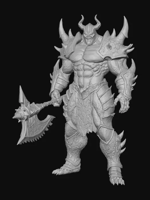 3D model for Full body image of A massive and extremely muscular depiction of Ares, the god of war, stands in an epic, determined stance. His powerful physique radiates intense heat, encased in menacing, spiky armor forged from a unique goldy metal and lava alloy. The armor's surface intricately combines polished, shimmering gold segments with rugged, volcanic textures, featuring glowing fiery fissures and sharp, protruding spikes. This formidable attire conveys an aura of molten power and indestructible strength.