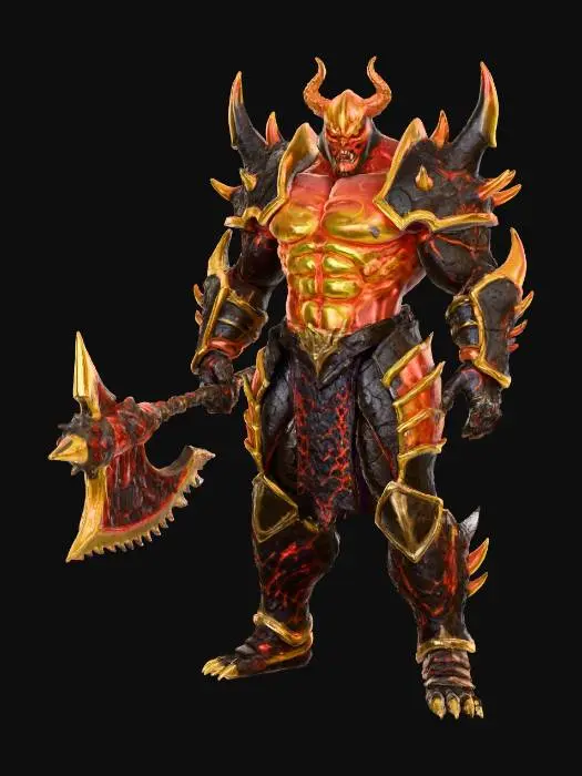 3D model for Full body image of A massive and extremely muscular depiction of Ares, the god of war, stands in an epic, determined stance. His powerful physique radiates intense heat, encased in menacing, spiky armor forged from a unique goldy metal and lava alloy. The armor's surface intricately combines polished, shimmering gold segments with rugged, volcanic textures, featuring glowing fiery fissures and sharp, protruding spikes. This formidable attire conveys an aura of molten power and indestructible strength.
