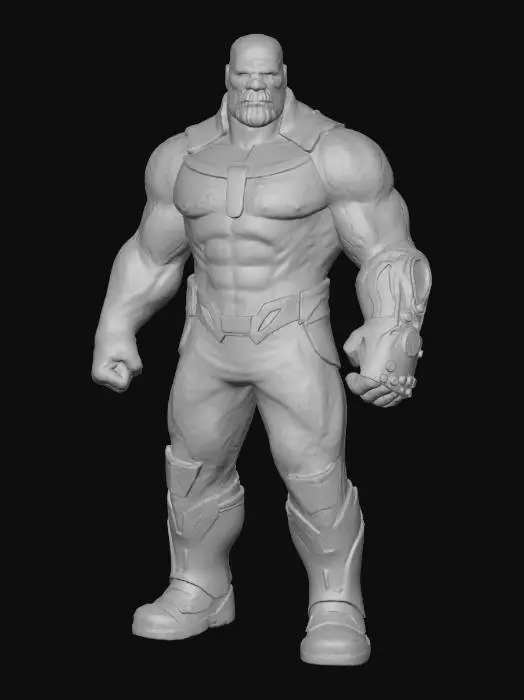 3D model for Full body image of An imposing, powerfully built humanoid Titan, Thanos, with a massive, muscular physique and broad shoulders. His rough, deep purple skin shows subtle textures and hints of underlying density. He wears an intricate, ornate golden Infinity Gauntlet on one hand, polished and gleaming, set with six distinct, vibrantly glowing Infinity Stones, each radiating its own intense color. His posture is authoritative and ready for action, a truly formidable presence in a hyper-realistic, stylized aesthetic. , #villain#