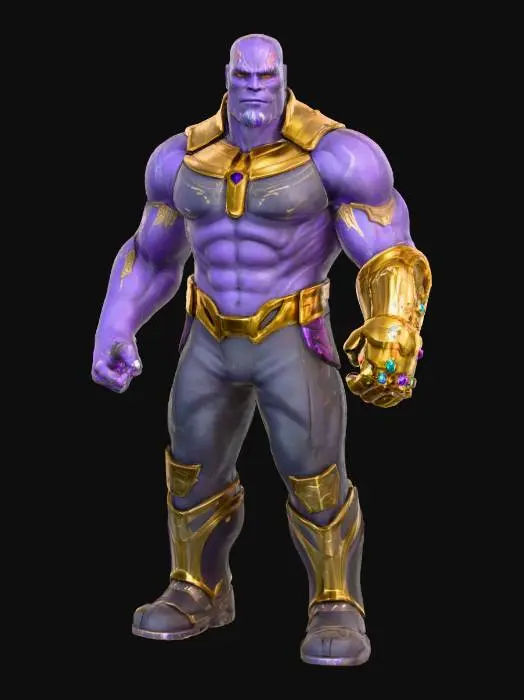 3D model for Full body image of An imposing, powerfully built humanoid Titan, Thanos, with a massive, muscular physique and broad shoulders. His rough, deep purple skin shows subtle textures and hints of underlying density. He wears an intricate, ornate golden Infinity Gauntlet on one hand, polished and gleaming, set with six distinct, vibrantly glowing Infinity Stones, each radiating its own intense color. His posture is authoritative and ready for action, a truly formidable presence in a hyper-realistic, stylized aesthetic. , #villain#
