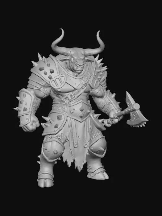 3D model for A massive humanoid Bull marauder with massive horns on his head. Wearing ragged-cloth garments and his armor has large metallic spikes. Epic stance, full body image, fantasy theme, stylized, polished, highly detailed