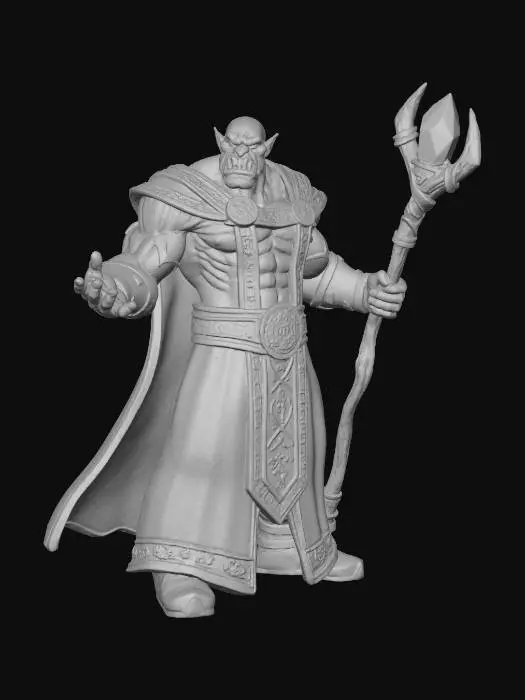 3D model for A powerful, muscular male orc warlock with taut, crimson skin stretched over formidable musculature. His face, etched with menacing features, sports a prominent jaw and tusks. He wears an elaborate, dark purple magic robe adorned with intricate gold and silver arcane decorations and heavy, textured fabric that drapes regally. His stance is epic and commanding, a full-body presentation exuding dark arcane mastery.