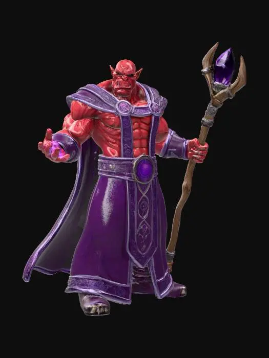 3D model for A powerful, muscular male orc warlock with taut, crimson skin stretched over formidable musculature. His face, etched with menacing features, sports a prominent jaw and tusks. He wears an elaborate, dark purple magic robe adorned with intricate gold and silver arcane decorations and heavy, textured fabric that drapes regally. His stance is epic and commanding, a full-body presentation exuding dark arcane mastery.