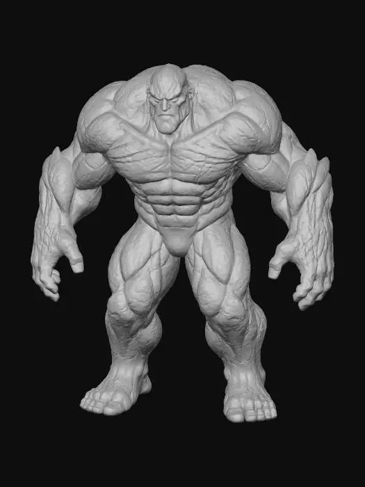 3D model for An immense, humanoid Elder Titan emanates a faint internal luminescence from his colossal form, his strained posture hinting at contained power. His skin, a rugged bedrock canvas of deep charcoal and earthy gray, is intricately etched with craggy, weathered textures. Numerous subtle fissures crisscross his surface, pulsating with a soft, warm amber light that suggests an arcane, mystical heat within. His unyielding, weighty presence feels like living stone, yet his ancient, determined face glows with a quiet, inner energy.