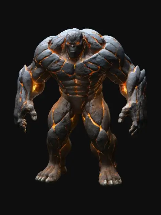 3D model for An immense, humanoid Elder Titan emanates a faint internal luminescence from his colossal form, his strained posture hinting at contained power. His skin, a rugged bedrock canvas of deep charcoal and earthy gray, is intricately etched with craggy, weathered textures. Numerous subtle fissures crisscross his surface, pulsating with a soft, warm amber light that suggests an arcane, mystical heat within. His unyielding, weighty presence feels like living stone, yet his ancient, determined face glows with a quiet, inner energy.